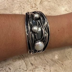 Alon Diller Wide Mexican Silver and Pearl Cuff Bracelet
